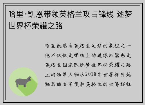 哈里·凯恩带领英格兰攻占锋线 逐梦世界杯荣耀之路